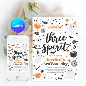 Three Spirit Invitation, Three Spirit Halloween Ghost 3rd Birthday Party Invitation Cute Boy Ghost 3rd Birthday Spooktacular Party