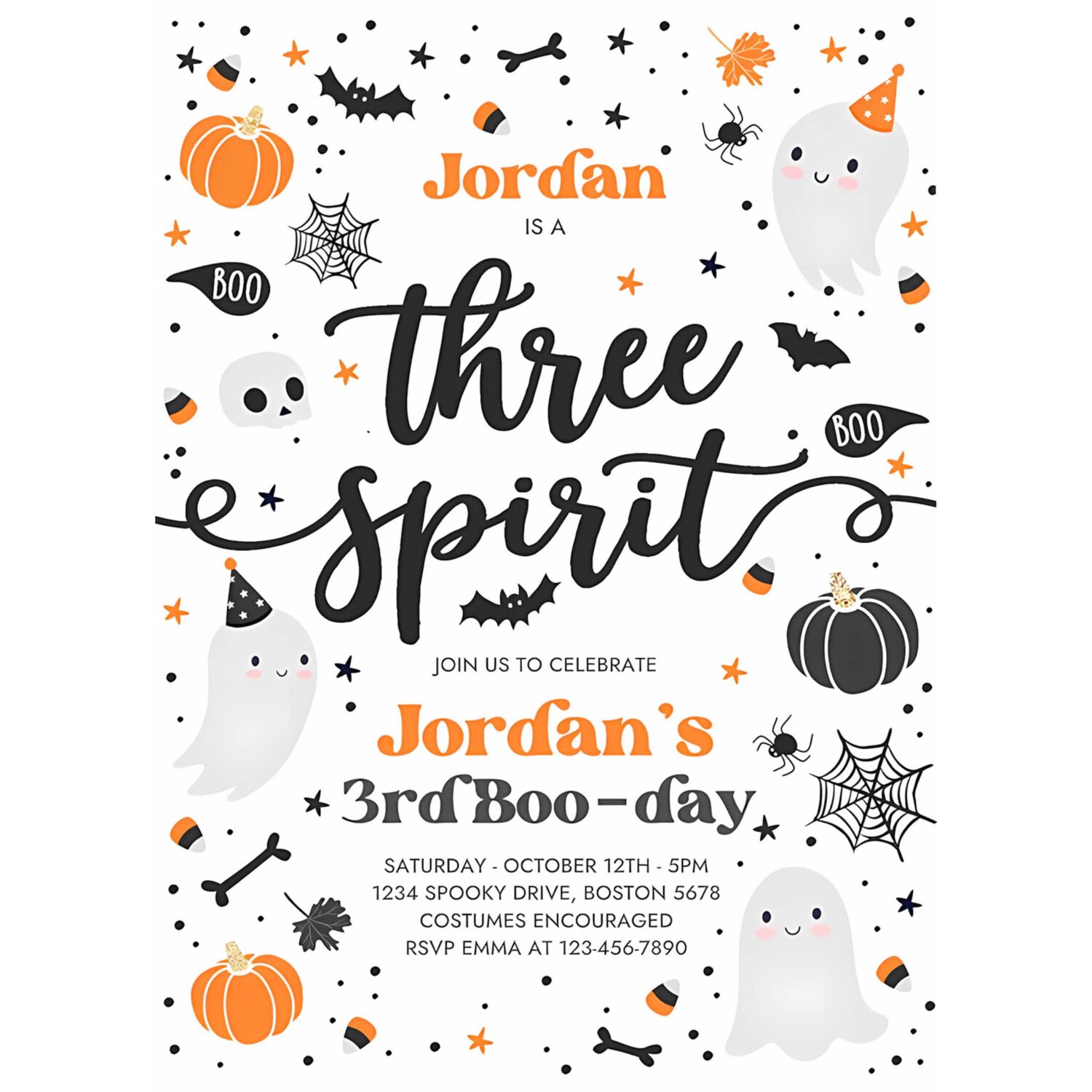 Editable three spirit halloween ghost 3rd birthday party invitation cute boy ghost 3rd birthday spooktacular party instant download g8 4