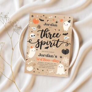 Editable three spirit halloween ghost 3rd birthday party invitation cute boy ghost 3rd birthday spooktacular party instant download t2 1