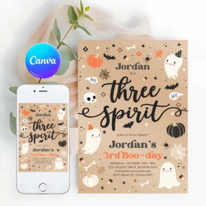 Three Spirit Invitation, Three Spirit Halloween Ghost 3rd Birthday Party Invitation Cute Boy Ghost 3rd Birthday Spooktacular Party