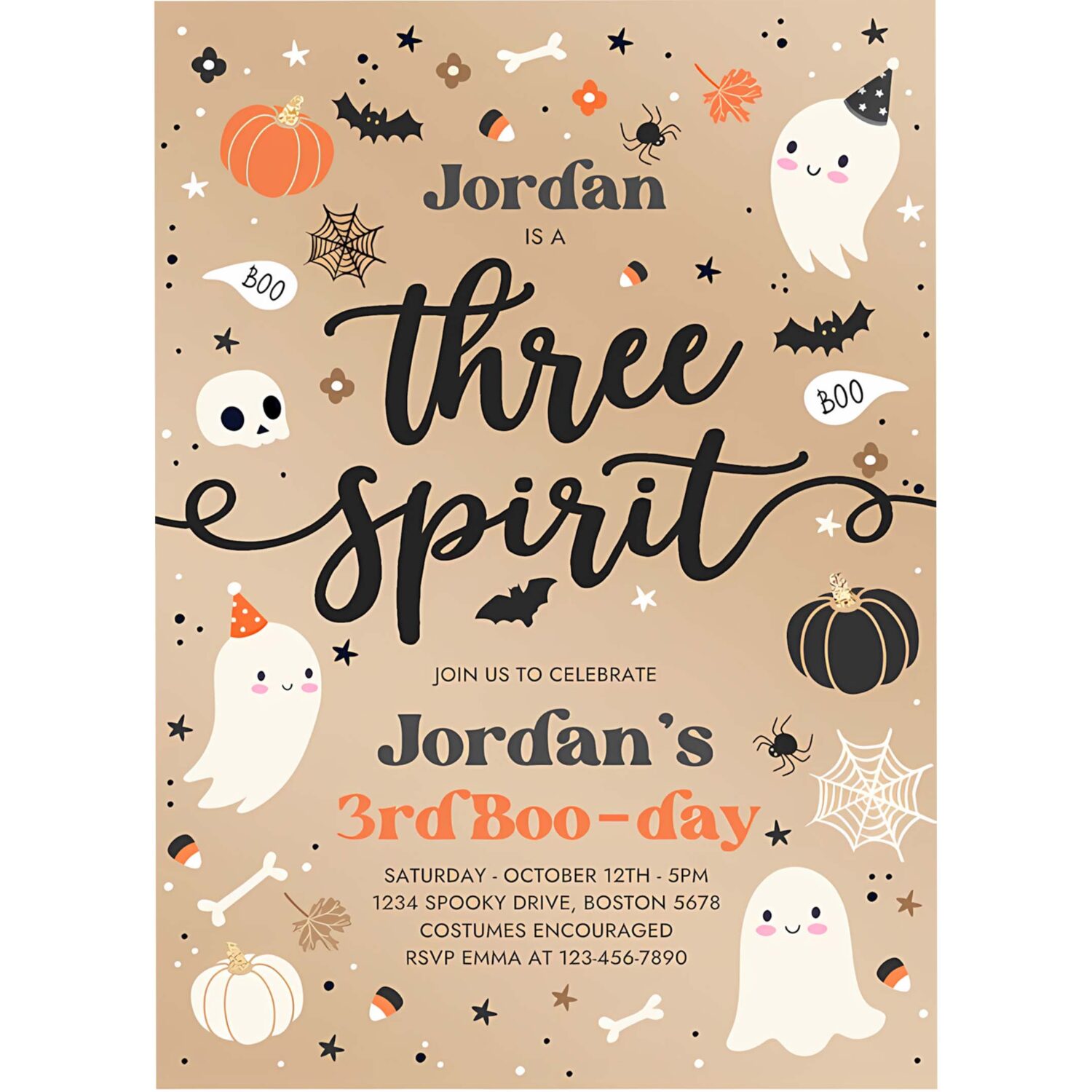 Editable three spirit halloween ghost 3rd birthday party invitation cute boy ghost 3rd birthday spooktacular party instant download t2 4