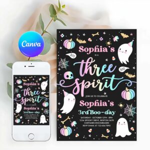 Three Spirit Invitation, Three Spirit Halloween Ghost 3rd Birthday Party Invitation Cute Pink Ghost 3rd Birthday Spooktacular Party
