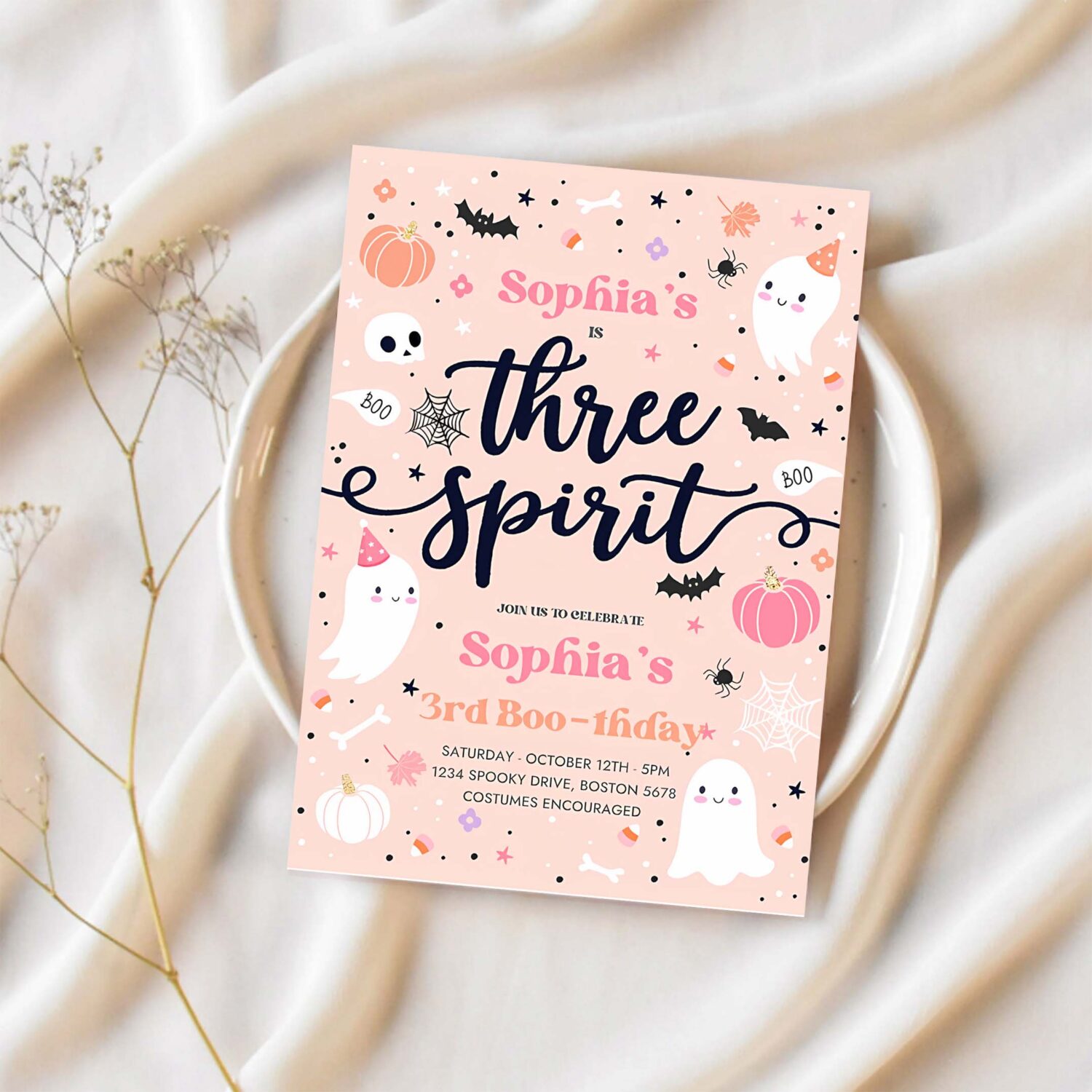 Editable three spirit halloween ghost 3rd birthday party invitation cute pink ghost 3rd birthday spooktacular party instant download ds 1