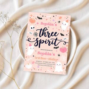 Editable three spirit halloween ghost 3rd birthday party invitation cute pink ghost 3rd birthday spooktacular party instant download ds 1