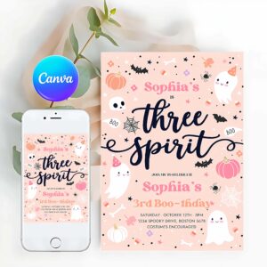 Three Spirit Invitation, Three Spirit Halloween Ghost 3rd Birthday Party Invitation Cute Pink Ghost 3rd Birthday Spooktacular Party