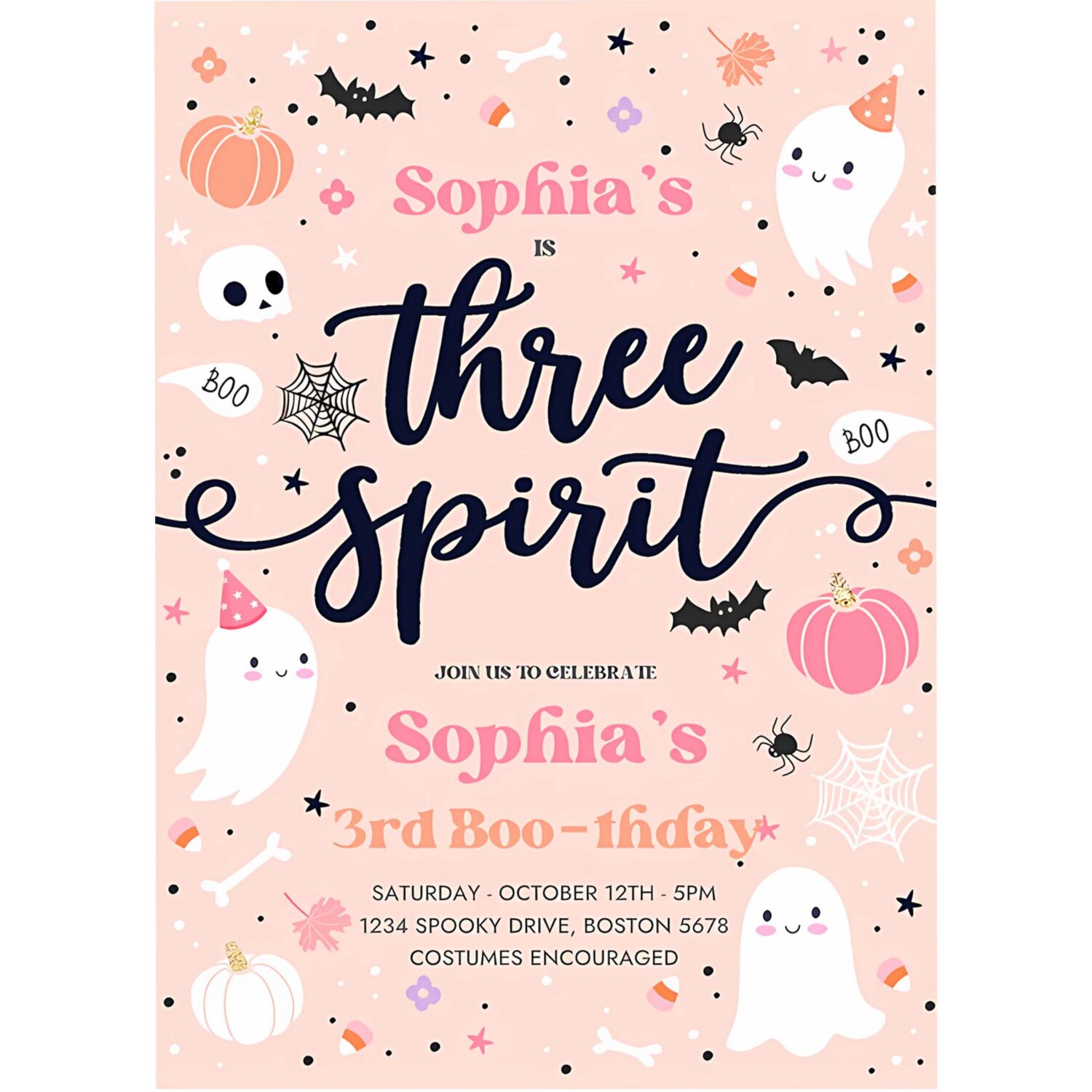 Editable three spirit halloween ghost 3rd birthday party invitation cute pink ghost 3rd birthday spooktacular party instant download ds 4