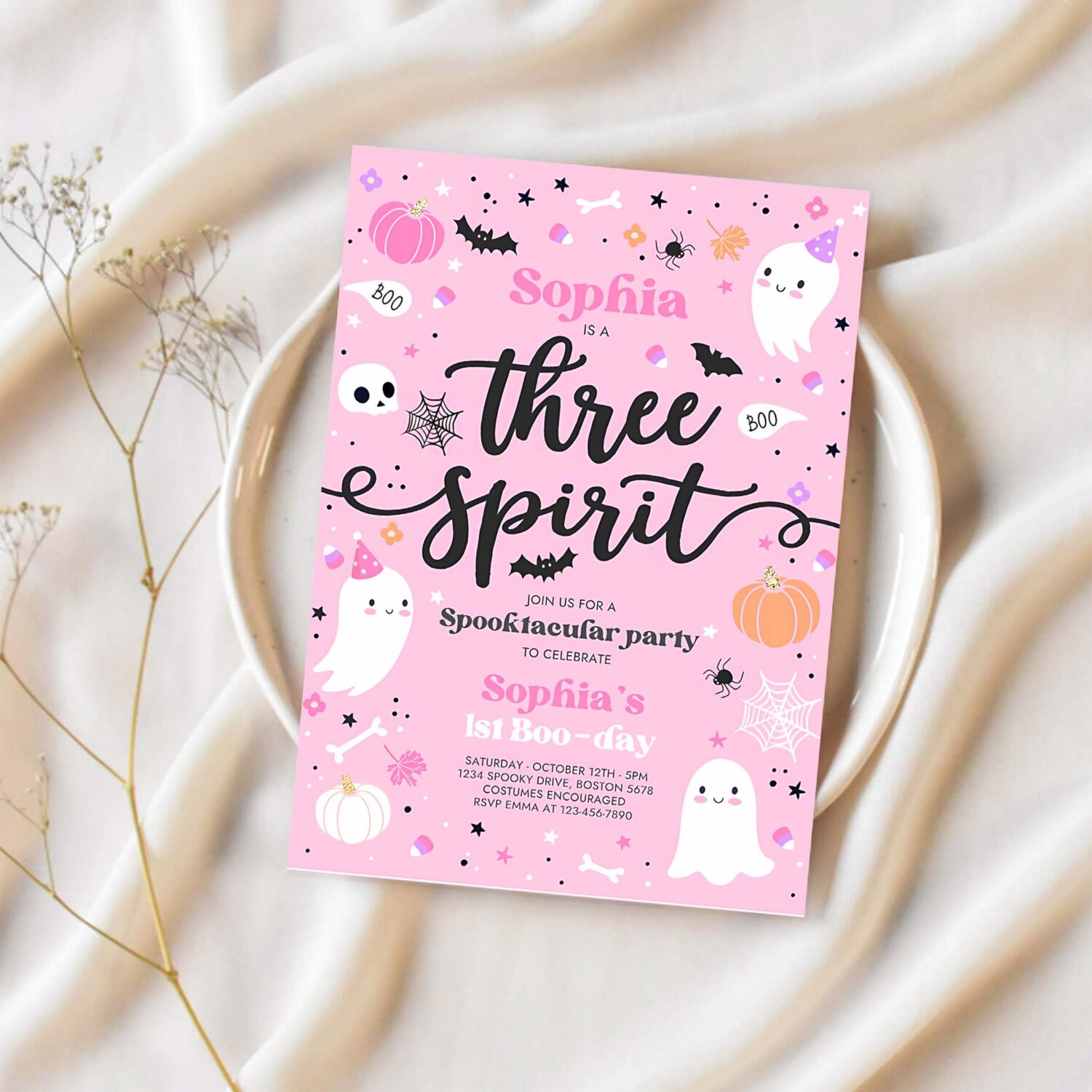 Editable three spirit halloween ghost 3rd birthday party invitation cute pink ghost 3rd birthday spooktacular party instant download f4 1
