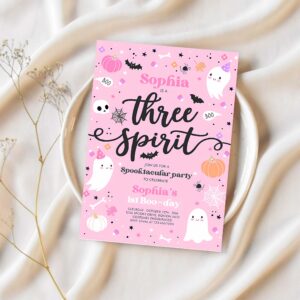 Editable three spirit halloween ghost 3rd birthday party invitation cute pink ghost 3rd birthday spooktacular party instant download f4 1