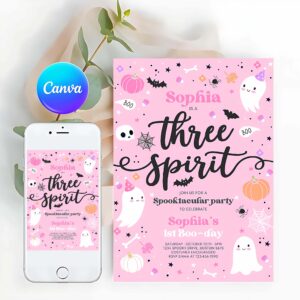 Three Spirit Invitation, Three Spirit Halloween Ghost 3rd Birthday Party Invitation Cute Pink Ghost 3rd Birthday Spooktacular Party