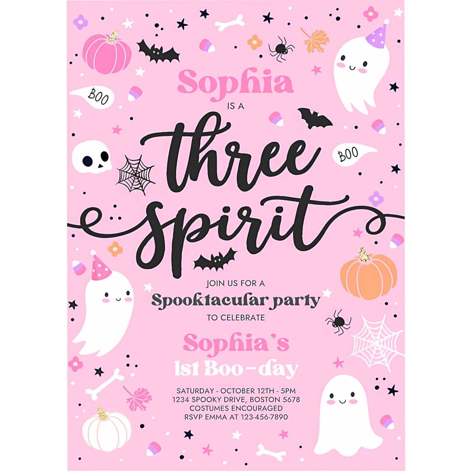 Editable three spirit halloween ghost 3rd birthday party invitation cute pink ghost 3rd birthday spooktacular party instant download f4 4