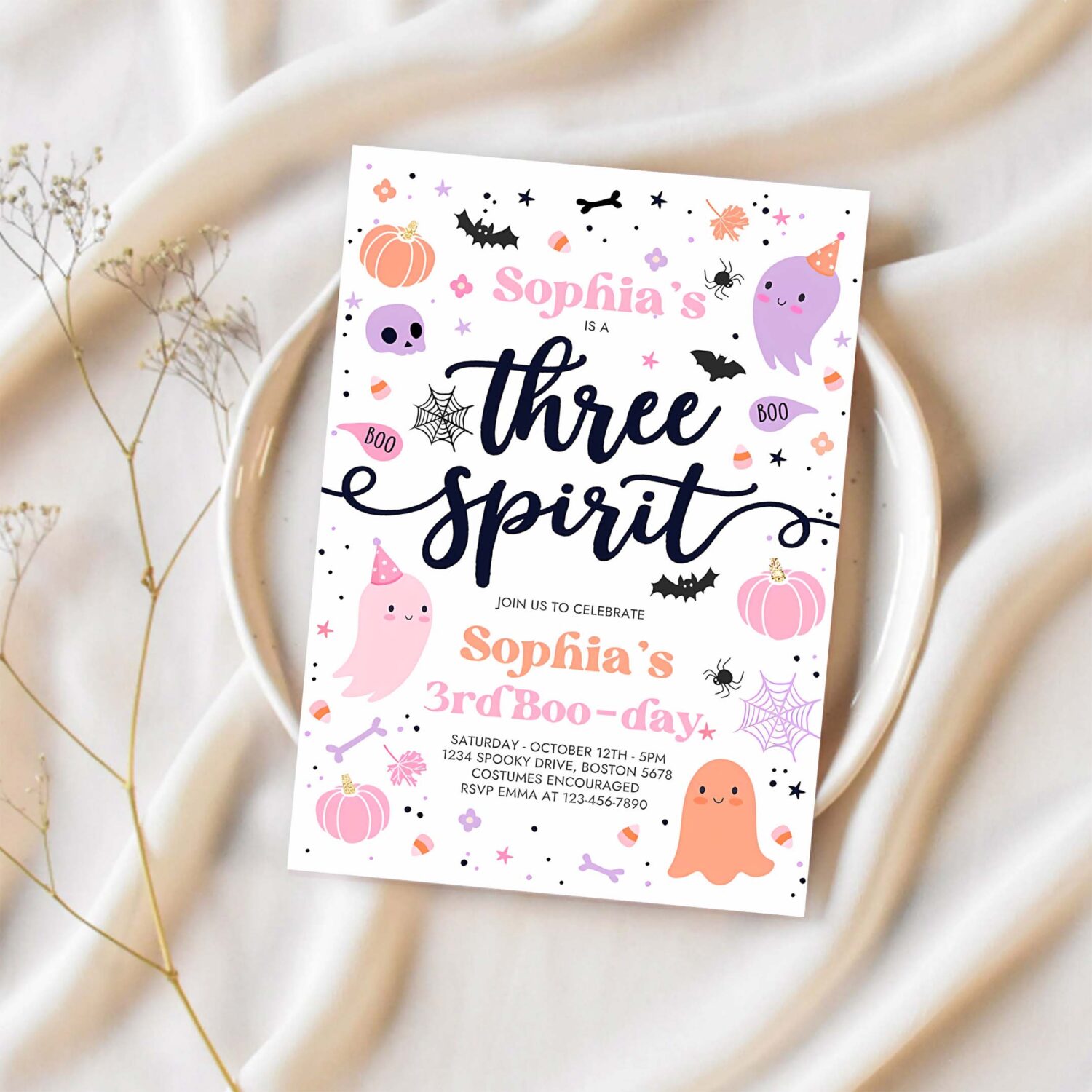 Editable three spirit halloween ghost 3rd birthday party invitation cute pink ghost 3rd birthday spooktacular party instant download f6 1