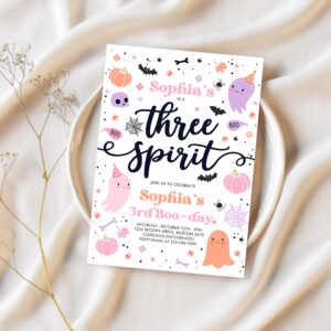Editable three spirit halloween ghost 3rd birthday party invitation cute pink ghost 3rd birthday spooktacular party instant download f6 1