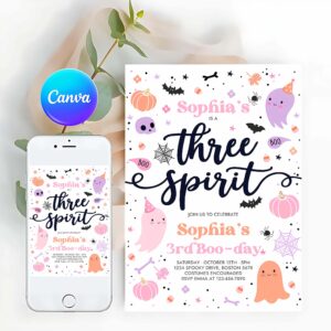 Three Spirit Invitation, Three Spirit Halloween Ghost 3rd Birthday Party Invitation Cute Pink Ghost 3rd Birthday Spooktacular Party