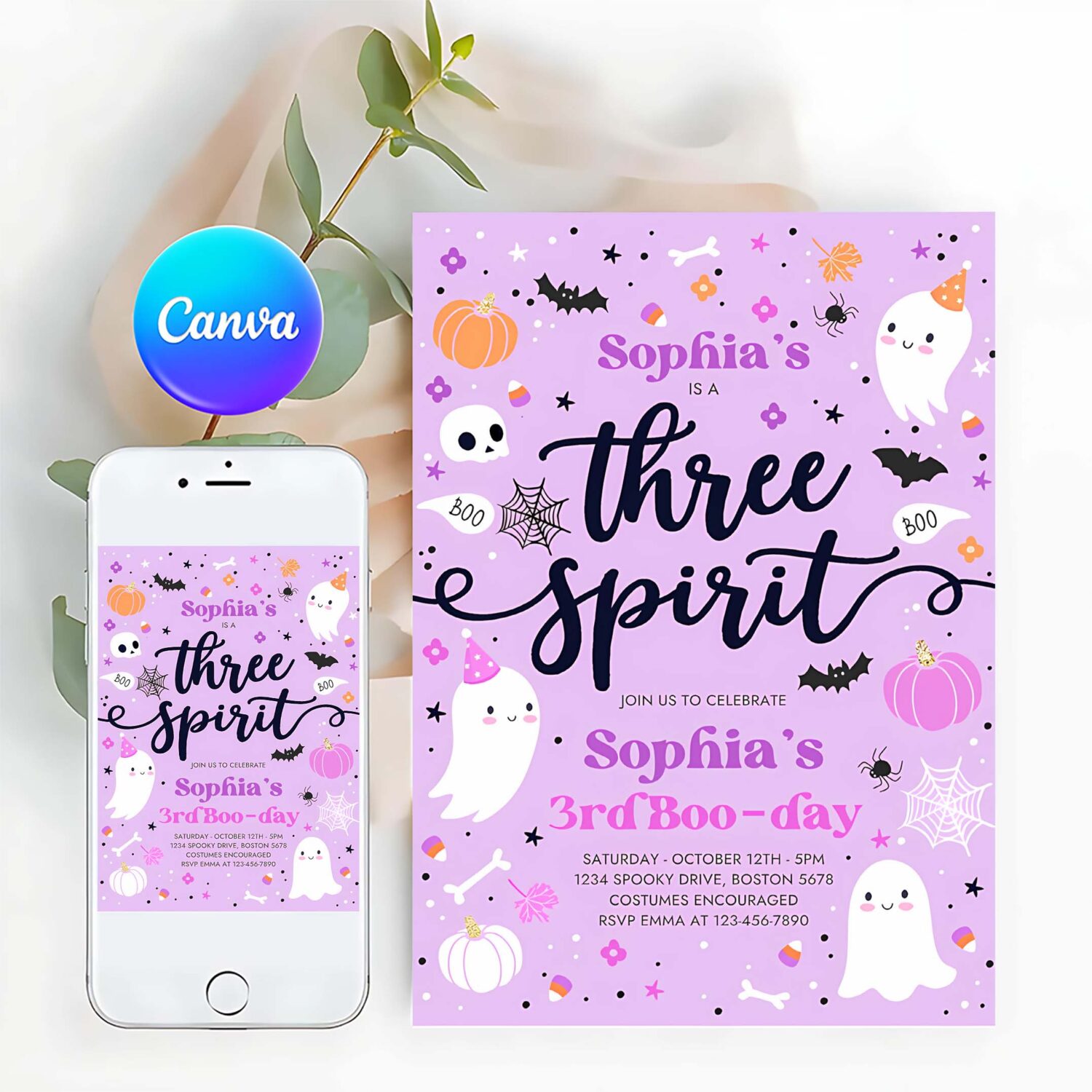 Editable three spirit halloween ghost 3rd birthday party invitation cute purple ghost 3rd birthday spooktacular party instant download l1