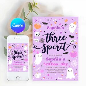 Three Spirit Invitation, Three Spirit Halloween Ghost 3rd Birthday Party Invitation Cute Purple Ghost 3rd Birthday Spooktacular Party