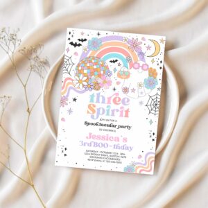 Editable three spirit halloween ghost 3rd birthday party invitation retro groovy rainbow ghost party hippie halloween instant download 45g 1