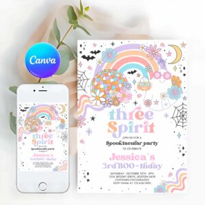 Three Spirit Invitation, Three Spirit Halloween Ghost 3rd Birthday Party Invitation Retro Groovy Rainbow Ghost Party Hippie Halloween