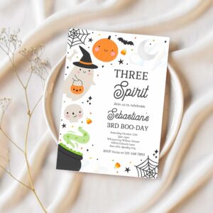 Editable three spirit halloween ghost 3rd birthday party invitation spooktacular ghost halloween birthday party invite instant download 4w2 1