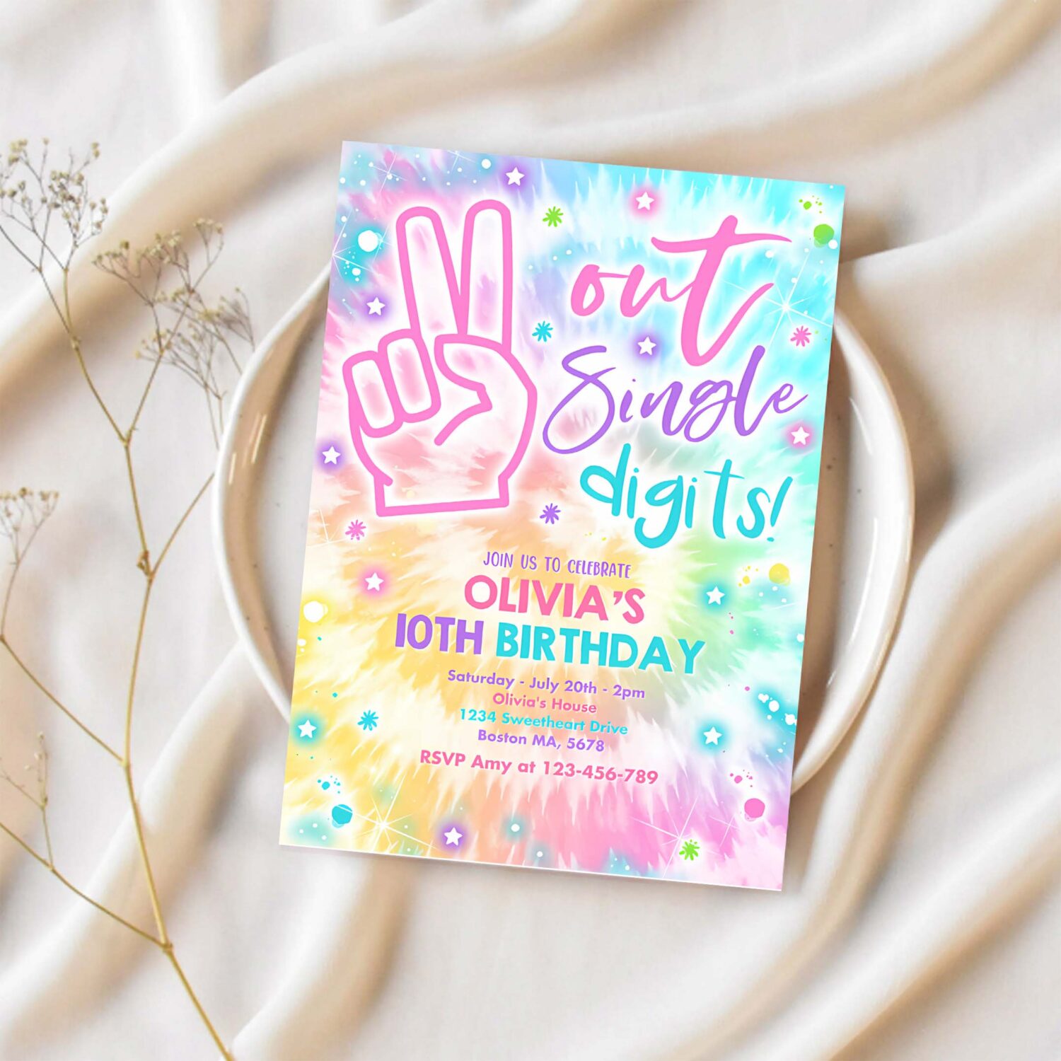 Editable tie dye birthday invitation peace out single digits hippy tie dye party double digits tween vsco girl 1