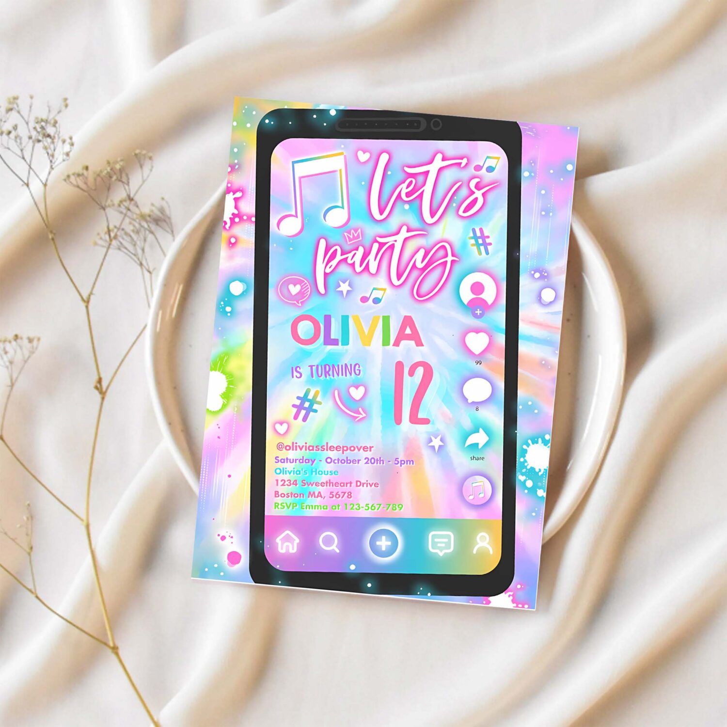 Editable tie dye music birthday invitation music app teen tween birthday party musical app social media birthday party 1