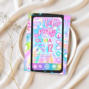 Editable tie dye music birthday invitation music app teen tween birthday party musical app social media birthday party 1