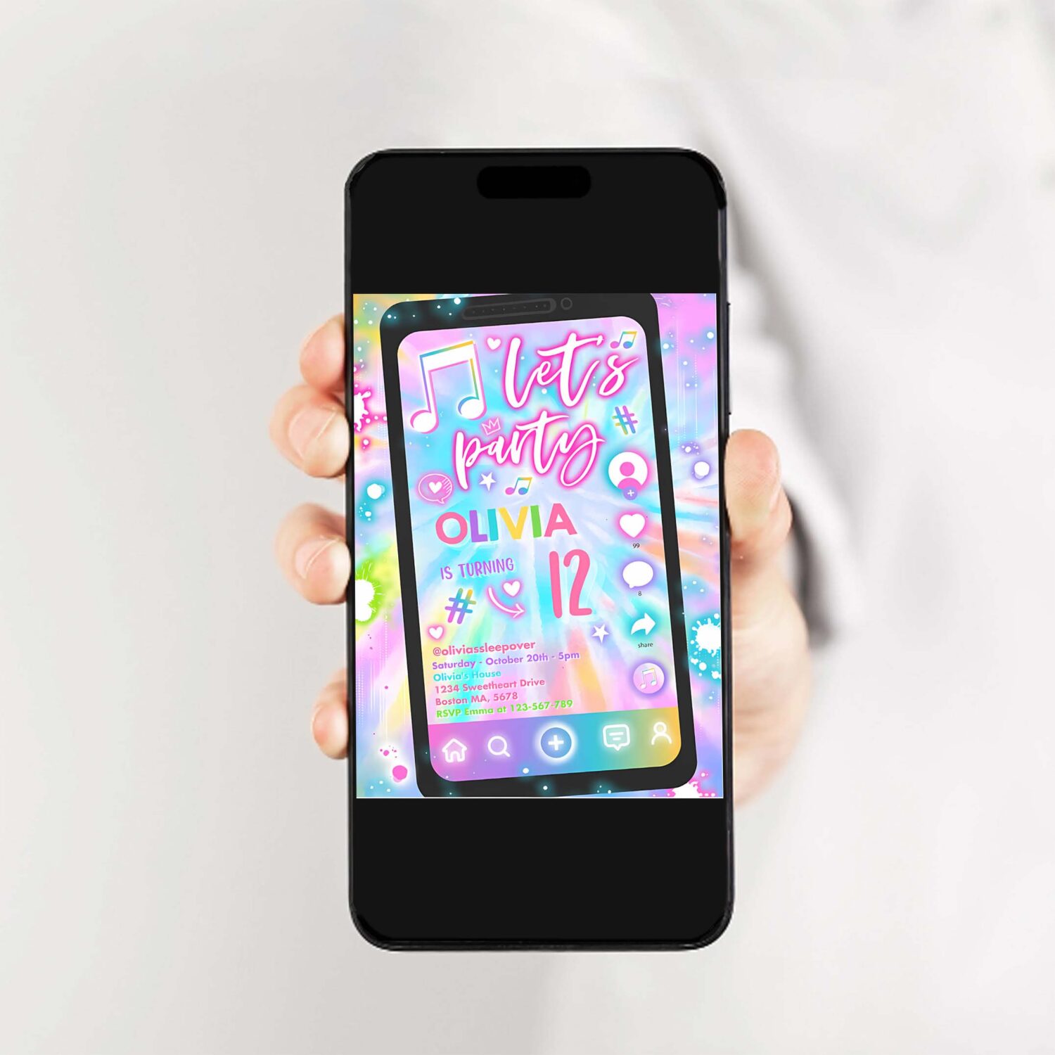 Editable tie dye music birthday invitation music app teen tween birthday party musical app social media birthday party 2