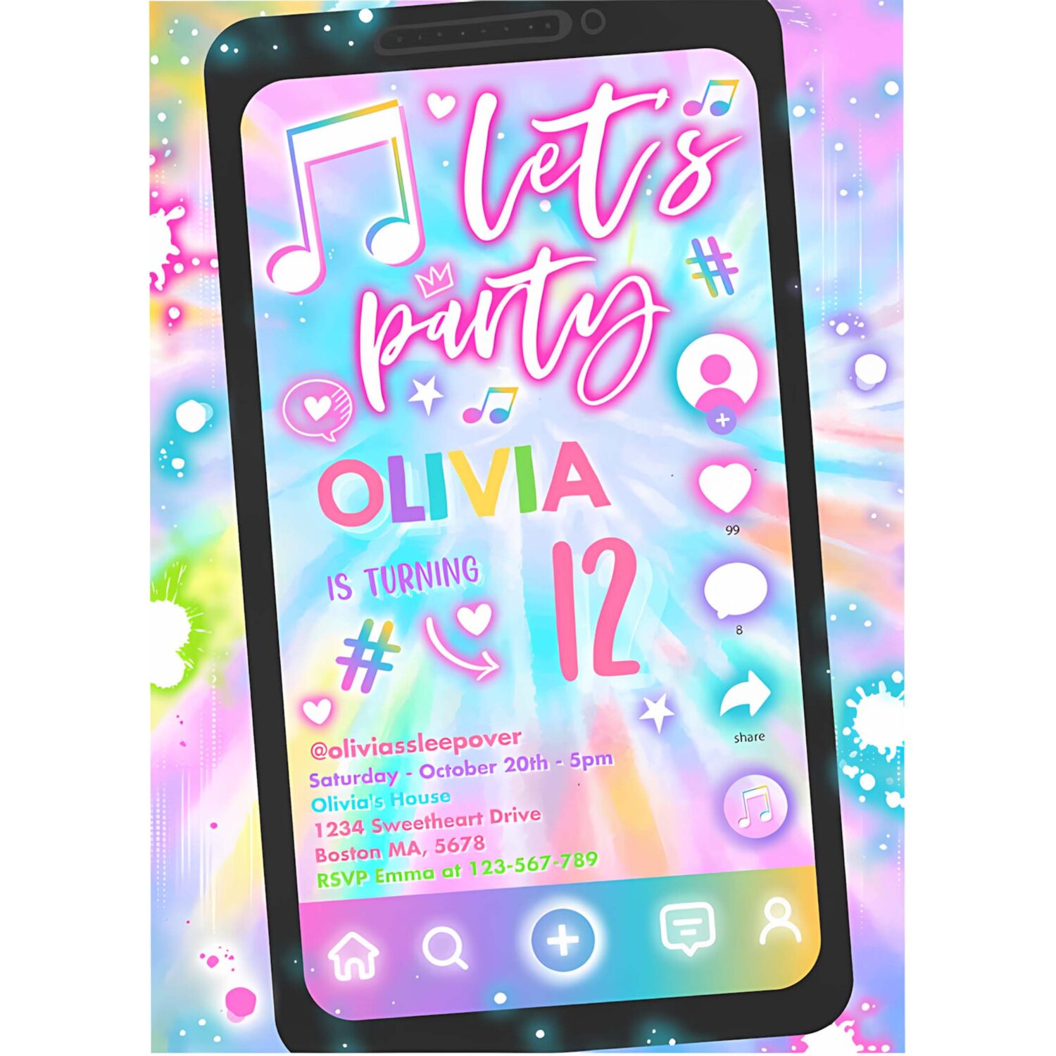 Editable tie dye music birthday invitation music app teen tween birthday party musical app social media birthday party 4