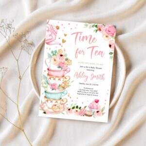 Editable time for tea baby shower invitation tea party sprinkle shower floral pink gold blush baby is brewing corjl template printable 0349 1