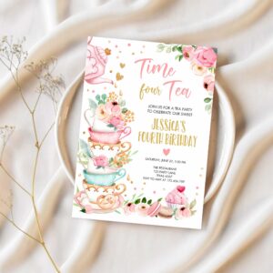 Editable time four tea birthday invitation girl tea party invite pink gold floral peach fourth birthday 4th corjl template printable 0349 1