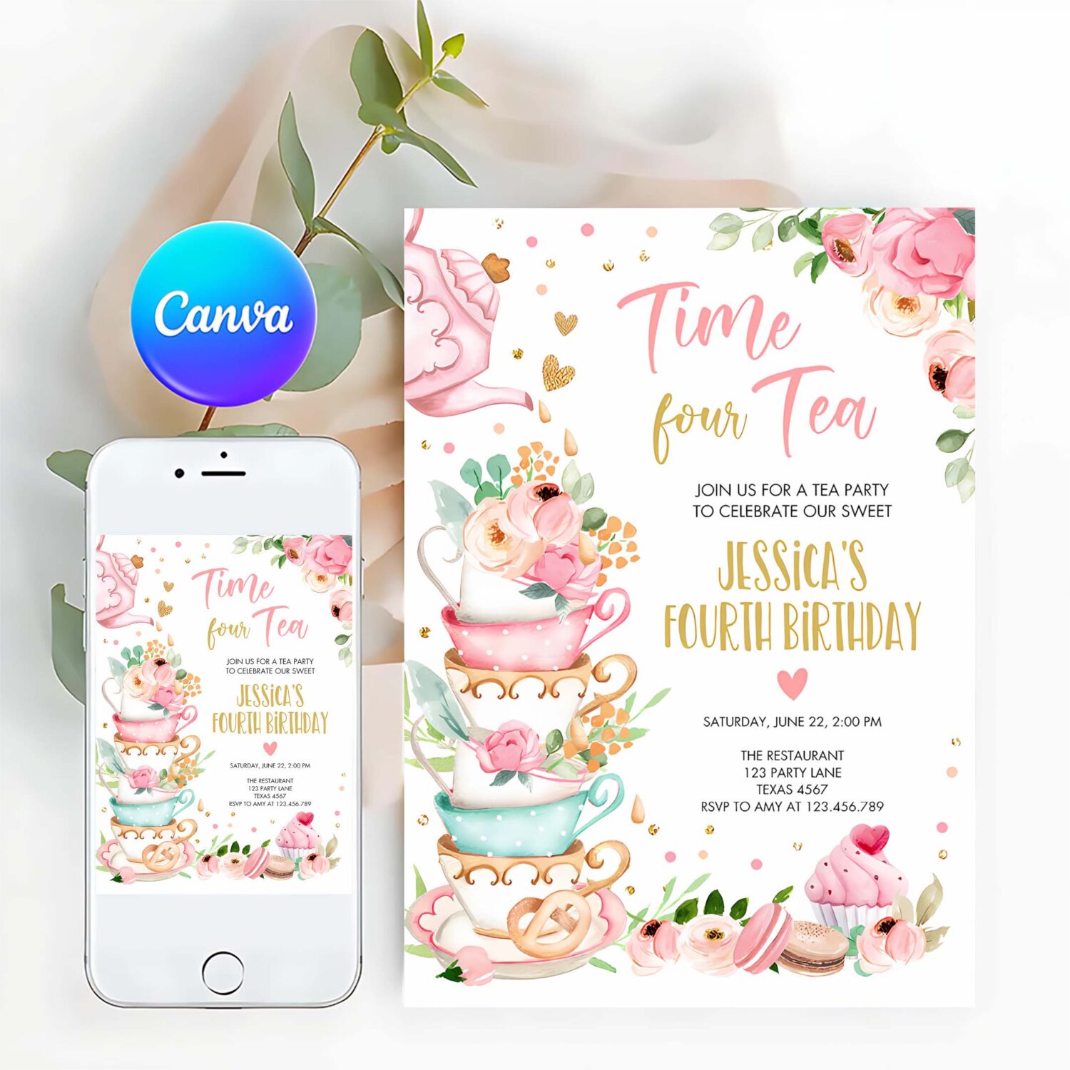 Editable time four tea birthday invitation girl tea party invite pink gold floral peach fourth birthday 4th corjl template printable 0349