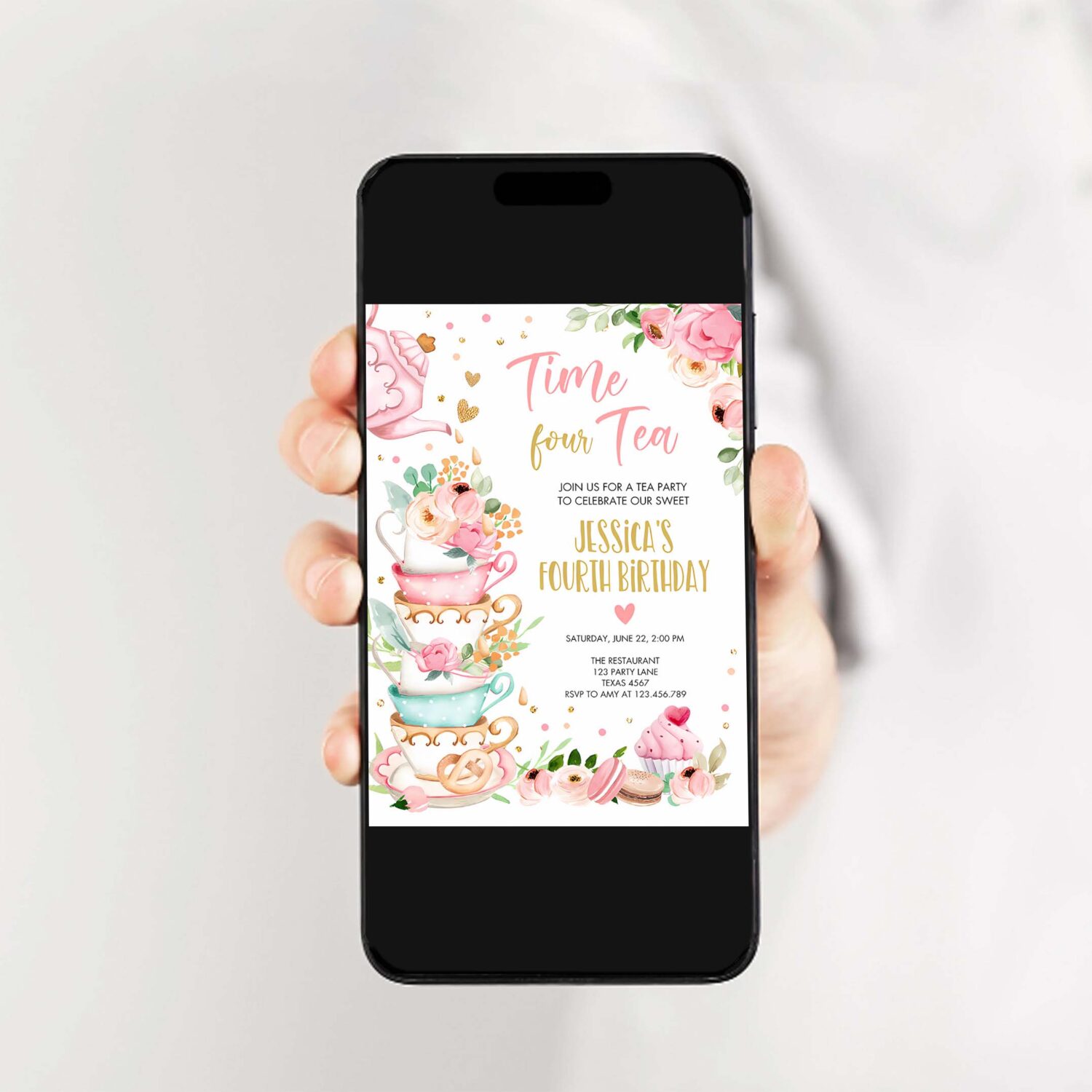 Editable time four tea birthday invitation girl tea party invite pink gold floral peach fourth birthday 4th corjl template printable 0349 2