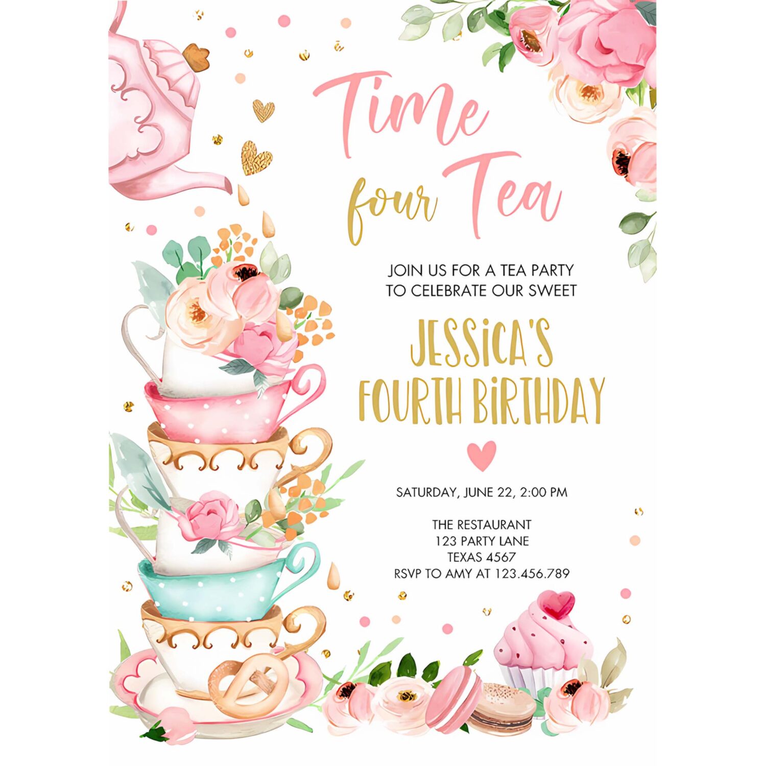 Editable time four tea birthday invitation girl tea party invite pink gold floral peach fourth birthday 4th corjl template printable 0349 4