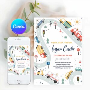 Invitation Trucks And Cars Birthday Party, First Responders Birthday Party, Digger Party Invitation