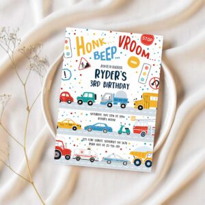 Editable transportation birthday invitation trucks cars diggers tractor first responders birthday party invitation 1