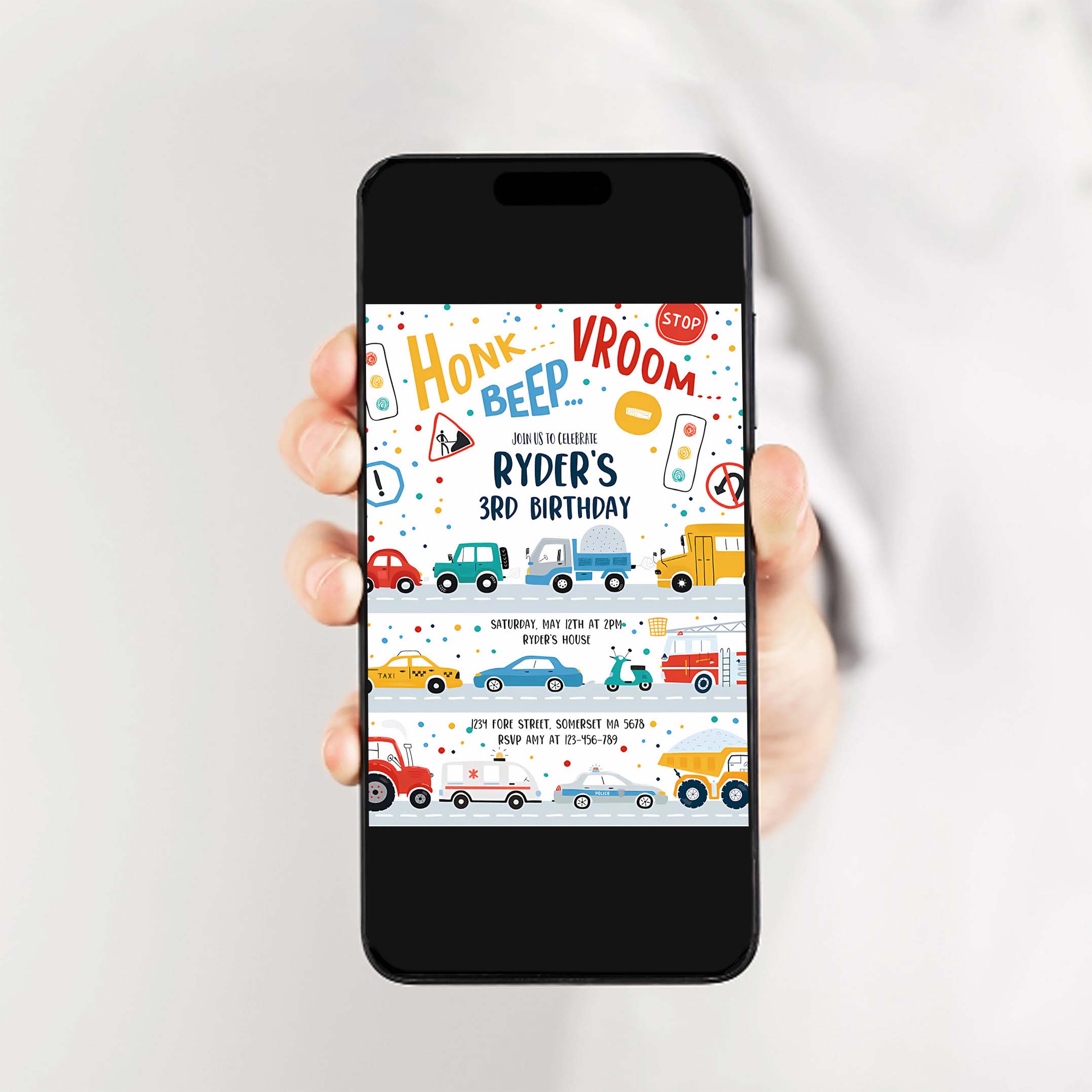 Editable Transportation Birthday Invitation Trucks Cars Diggers Tractor First Responders Birthday Party Invitation