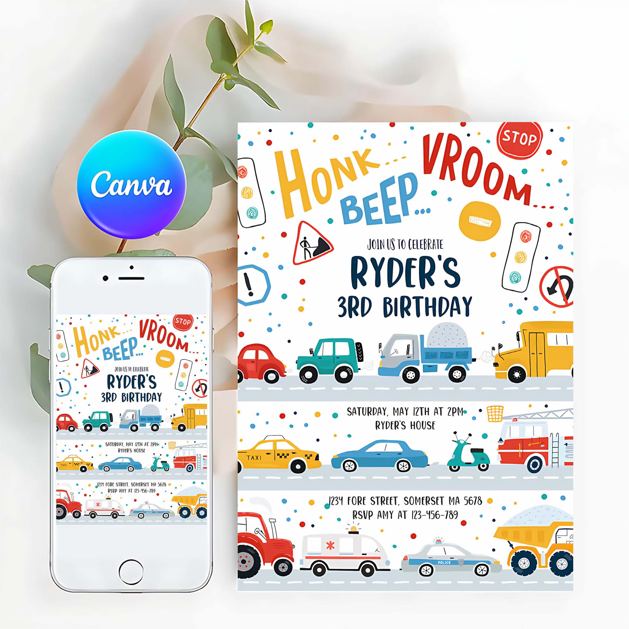 Editable Transportation Birthday Invitation Trucks Cars Diggers Tractor First Responders Birthday Party Invitation