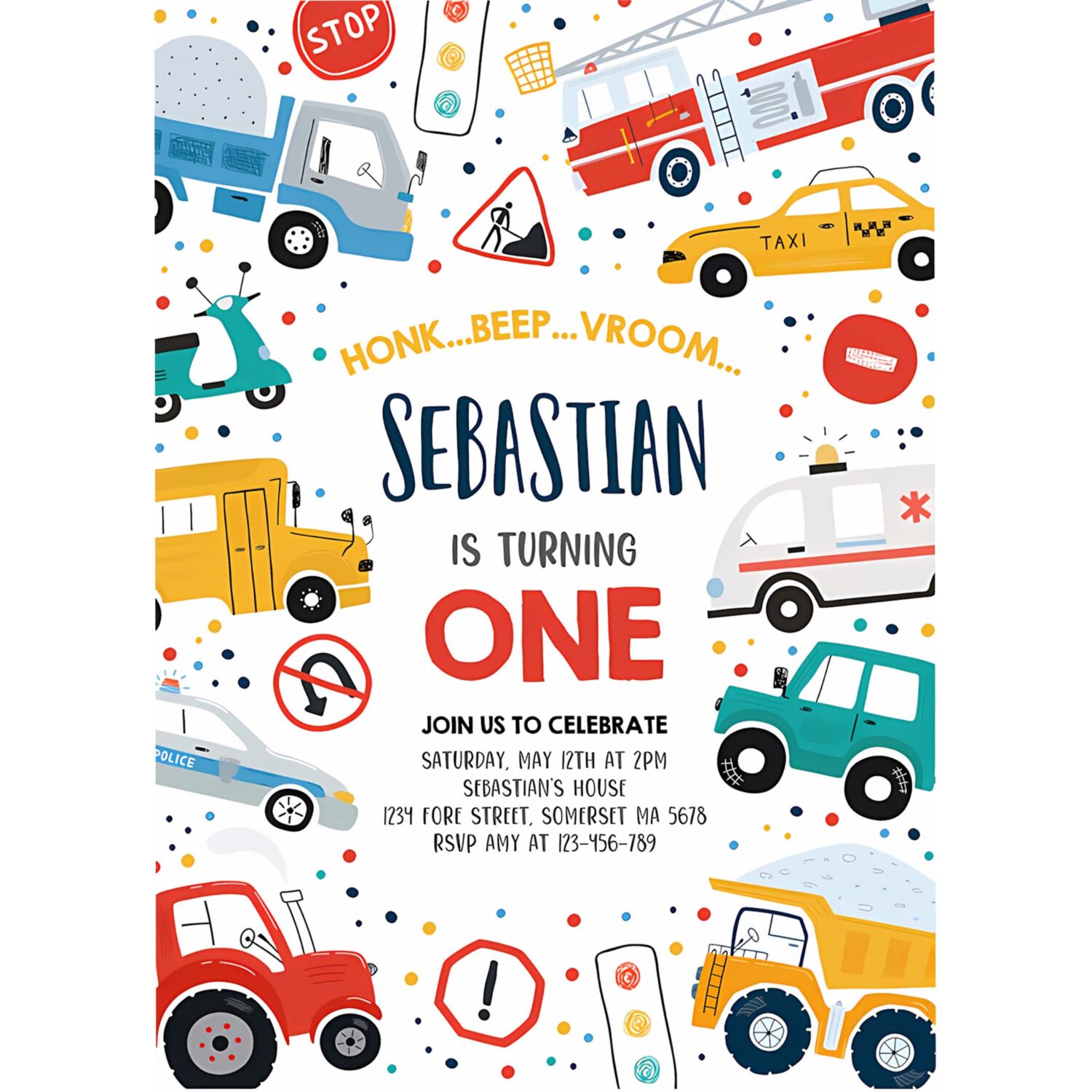 Editable transportation birthday party invitation trucks cars diggers tractor first responders birthday party invitation 4