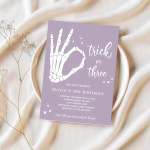 Editable trick or three halloween 3rd birthday party invitation skeleton hand 3rd birthday party spooktacular party instant download tyb 1