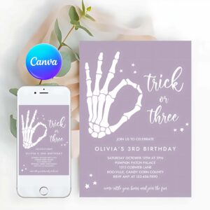 Trick Or Three Invitation, Trick Or Three Halloween 3rd Birthday Party Invitation Skeleton Hand 3rd Birthday Party Spooktacular Party