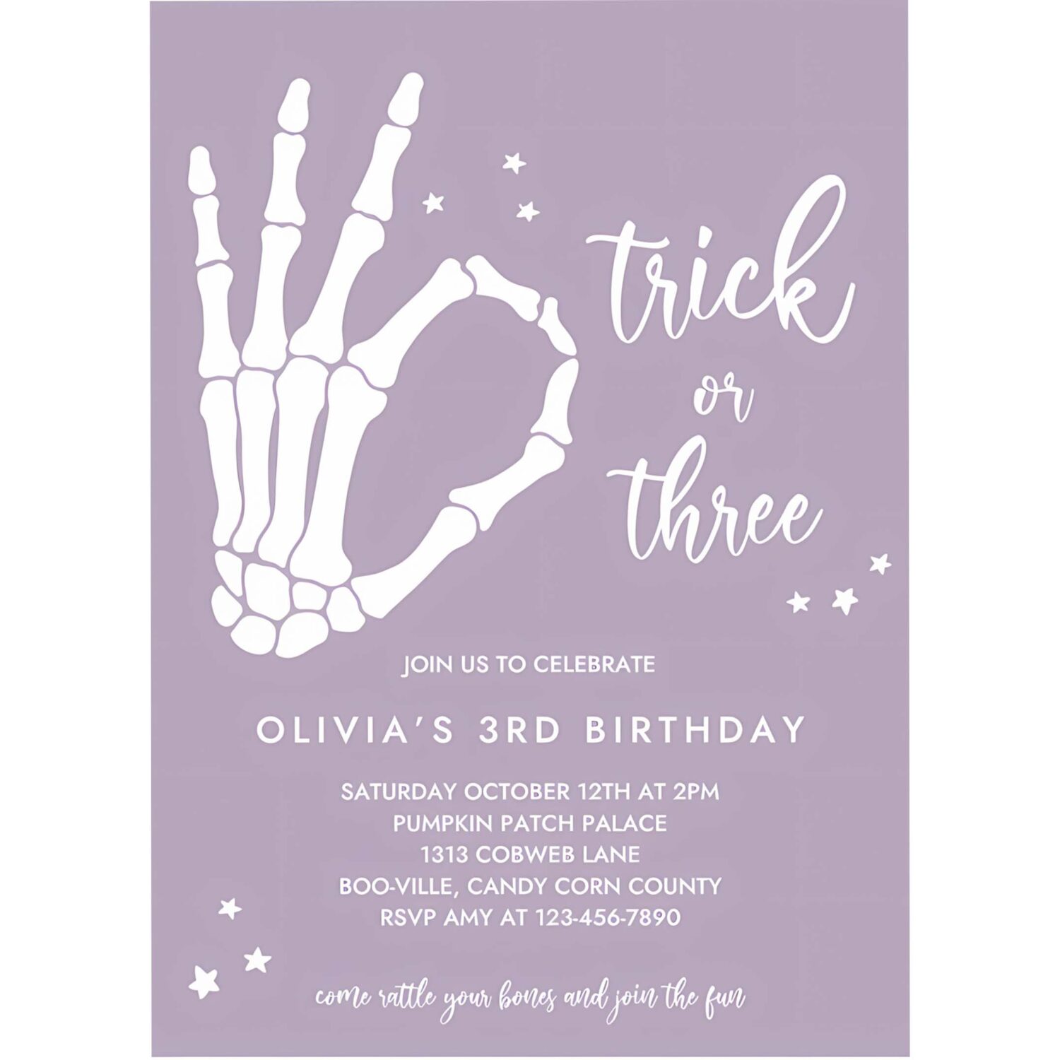 Editable trick or three halloween 3rd birthday party invitation skeleton hand 3rd birthday party spooktacular party instant download tyb 4