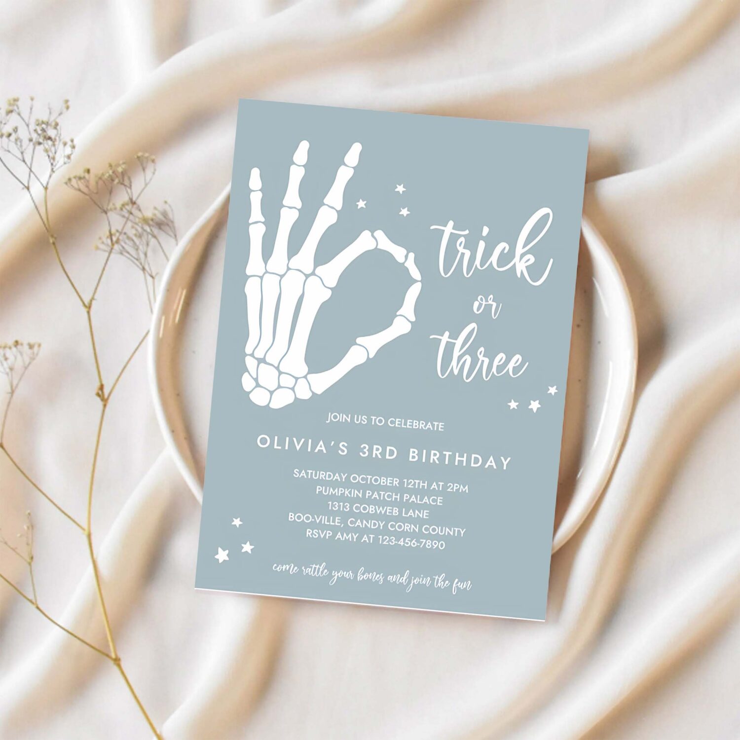 Editable trick or three halloween 3rd birthday party invitation skeleton hand 3rd birthday party spooktacular party instant download tyk 1