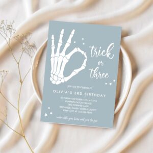 Editable trick or three halloween 3rd birthday party invitation skeleton hand 3rd birthday party spooktacular party instant download tyk 1