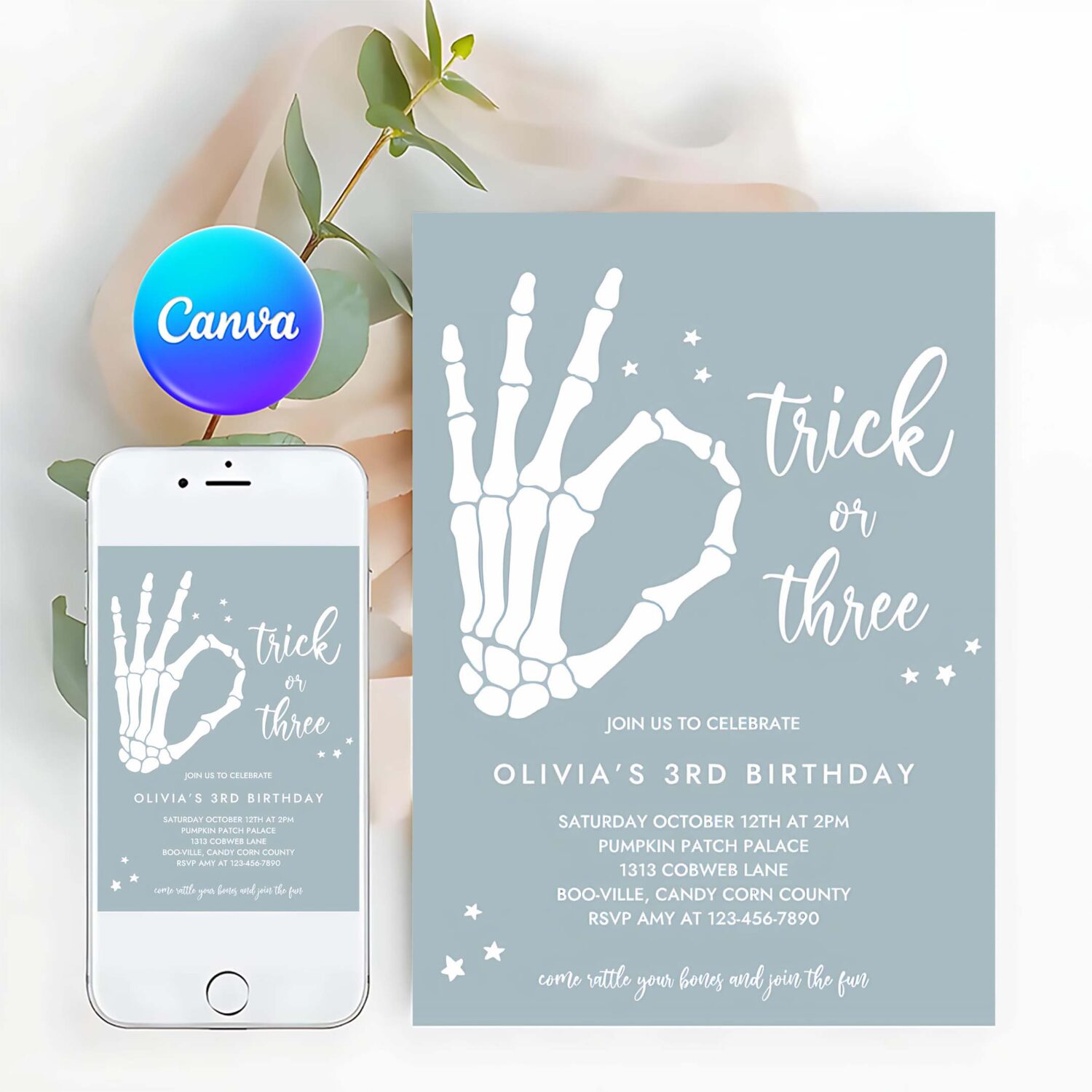 Editable trick or three halloween 3rd birthday party invitation skeleton hand 3rd birthday party spooktacular party instant download tyk