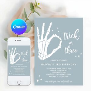 Trick Or Three Invitation, Trick Or Three Halloween 3rd Birthday Party Invitation Skeleton Hand 3rd Birthday Party Spooktacular Party