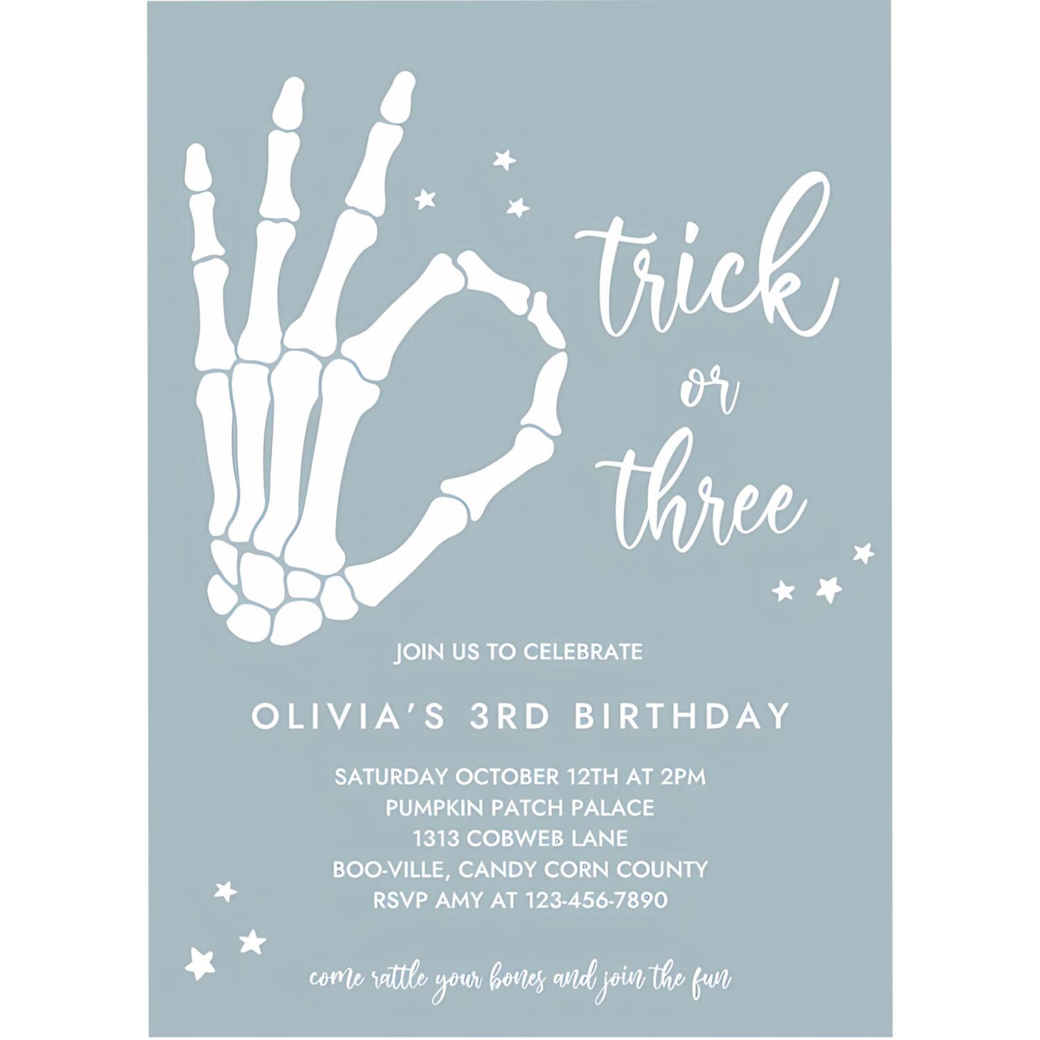 Editable trick or three halloween 3rd birthday party invitation skeleton hand 3rd birthday party spooktacular party instant download tyk 4