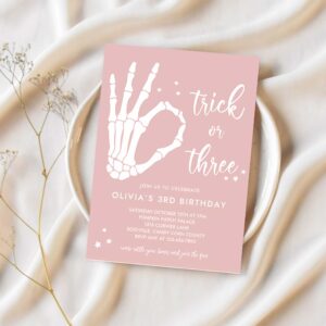 Editable trick or three halloween 3rd birthday party invitation skeleton hand 3rd birthday party spooktacular party instant download tyu 1