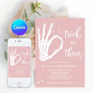 Trick Or Three Invitation, Trick Or Three Halloween 3rd Birthday Party Invitation Skeleton Hand 3rd Birthday Party Spooktacular Party