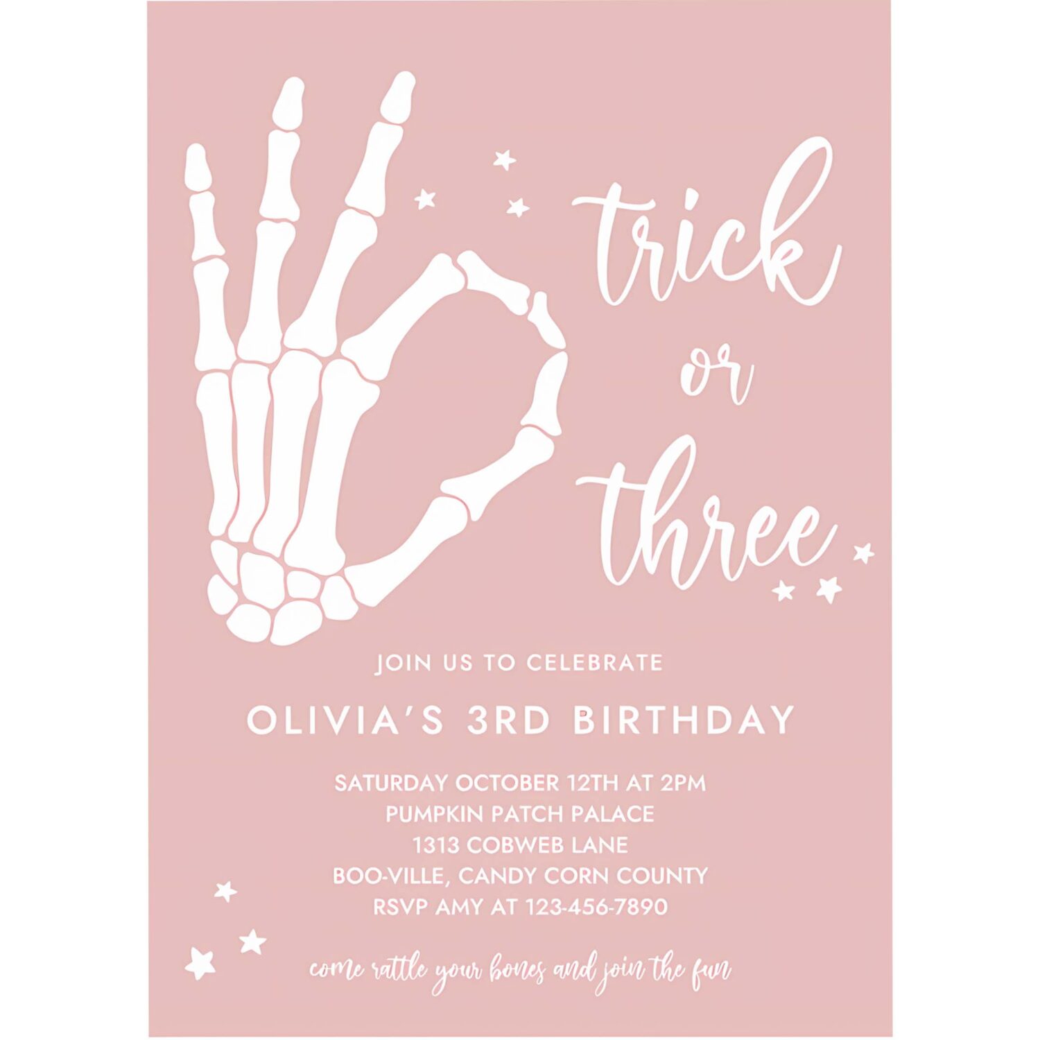 Editable trick or three halloween 3rd birthday party invitation skeleton hand 3rd birthday party spooktacular party instant download tyu 4