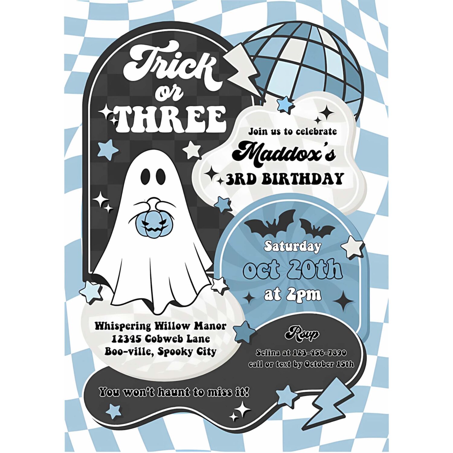 Editable trick or three halloween ghost 3rd birthday invitation retro groovy boy ghost birthday hippie halloween instant download tx3 4