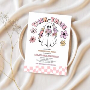 Editable trick or three halloween ghost 3rd birthday invitation retro groovy pink ghost halloween birthday party instant download uw8 1